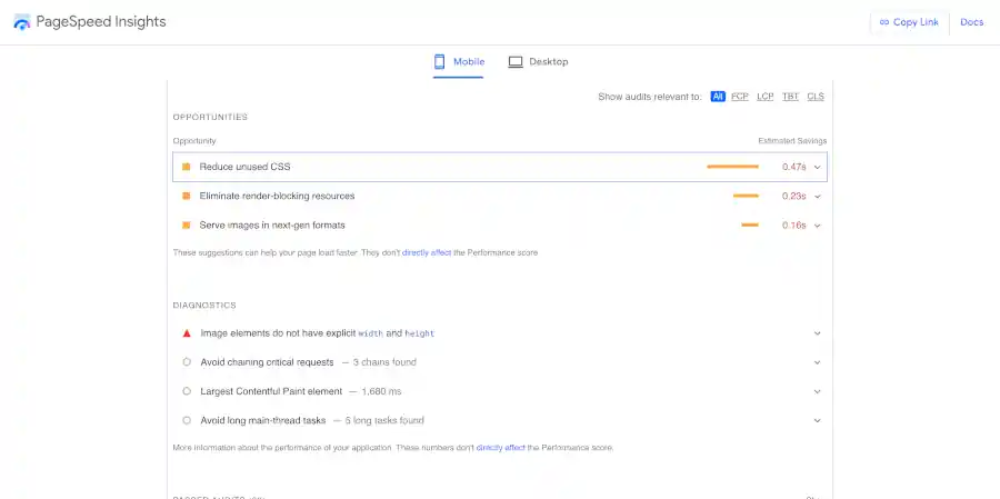 screenshot of opportunities and diagnostics